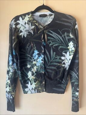 Ted Baker Black Floral Crewneck Cardigan with Blue & White Blooms